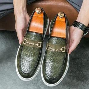 Fashion Men Leather Loafers Casual Shoes Slip On Gold Buckle Boat Walking Flats - Picture 1 of 25