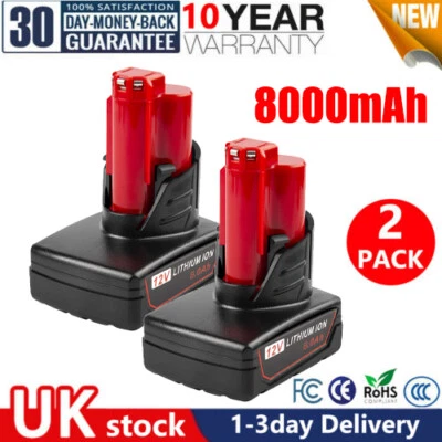 2X Battery For Milwaukee For M12 12V LI-ION 8.0Ah High Capacity 48-11-2402 2401