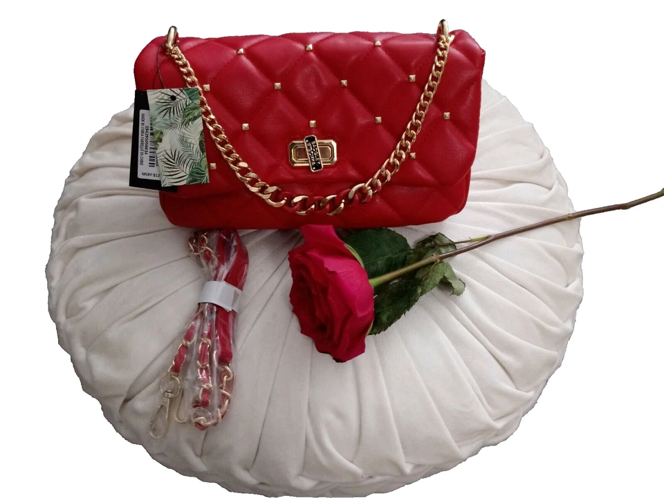 Badgley Mischka Red Quilted Diamond Crossbody Studded Bag Vegan Leather