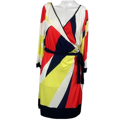 Muse Boston Proper Dress Womens Sz 8 White Multi V-Neck Knit Stretch Wrap Belted - Image 1 of 4