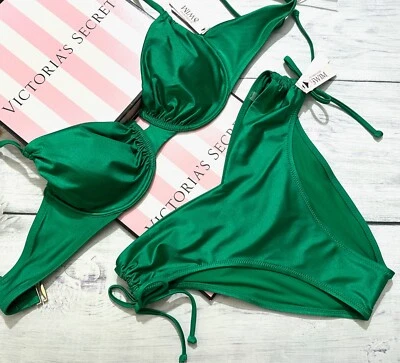 Victoria’s Secret Natación Acanalado Push Up Top Sujetador Corbata Lateral Cheeky Set Verde Foto 1 de 4