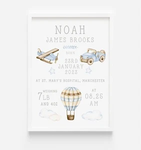 Personalised Name & Baby Birth Details Blue Boys Balloon Car Nursery Print - A4 - Picture 1 of 2