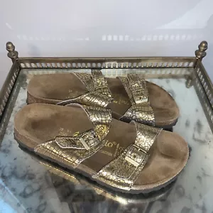 Birkenstock Papillion Sandals Womens 8 Gold Metallic Sydney Croc Print Comfort - Picture 1 of 9