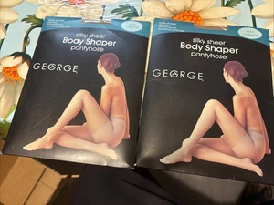 2 George Body Shaper Pantyhose Suntan Silky Sheer Sandal Foot Firm Control Top - Picture 1 of 2