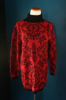 Vintage 80s Diane Von Furstenberg Turtleneck Sweater Red Black Floral Holiday M - Image 1 of 4