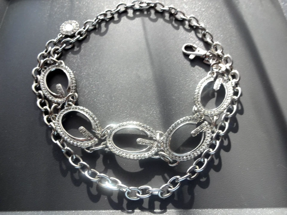 Vtg Guess Silver-tone Logomania With Crystals Logo Chain Heavy Metal Belt 30-36" - Image 1 of 4