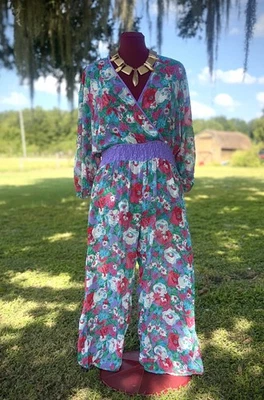 Vintage Diane Freis Women's Georgette Floral sheer Jumpsuit with scarf Sz L XL - Image 1 of 4