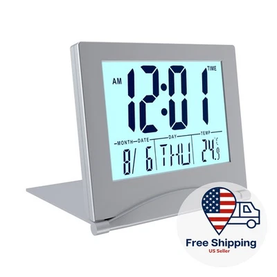 Digital Alarm Clock LCD Foldable  Digital Desk Clock with Backlight - Grey - Image 1 of 4