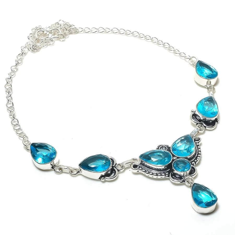 Swiss Blue Topaz Gemstone Handmade 925 Sterling Silver Jewelry Necklace Size 18" - Image 1 of 1