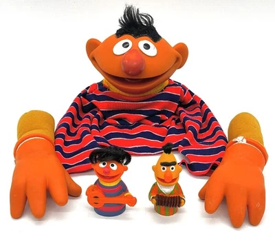 Vintage Sesame Street Bert & Ernie Finger Puppets & Ernie Hand Puppet Muppets - Image 1 of 4