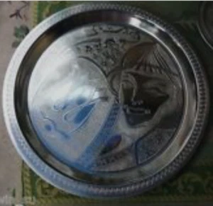 Vintage UNUSED~S/S STEEL~Incised Hammered~Canape Appetizer PLATE 2~FOLK Tale BOY - Picture 1 of 3