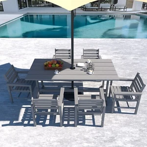 7 PCS HDPE Outdoor Furniture Set, Dining Table and Chairs w/ Umbrella Hole Gray - Picture 1 of 12