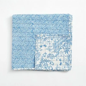 Pagode Toilette blau weiß umkehrbar Caspari Kantha Stoff Tischdecke 180x 180cm - Bild 1 von 2