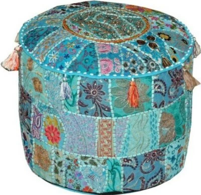 Indian Vintage Pouf Ottoman Round Ottoman Cover Pouf Pouffe Footstool Ethnic Art - Image 1 of 3