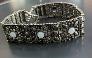 Silver Tone Beaded Moonstone Panel Necklace Choker Wide Stretch Revival - Picture 1 of 14