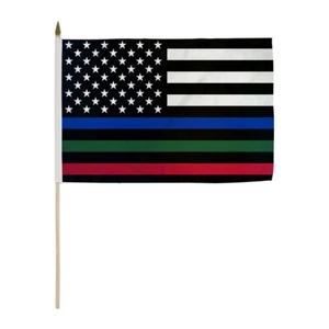 1 Dozen Blue Green Red Line Stick Flags 12x18in Handheld Thin Line Flag - Picture 1 of 1