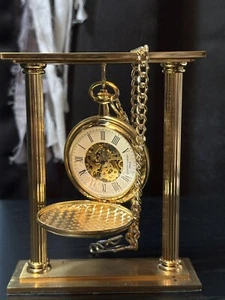 Charles Hubert Gold Plated Skeleton Pocket Watch, Chain, Gold plated stand - Picture 1 of 5