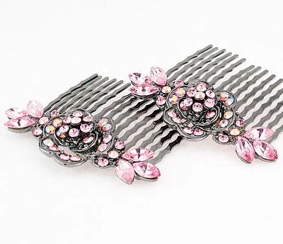 Par de 2 peines de pelo quistal con estrás austriaco rosa peonía B136p Foto 1 de 3