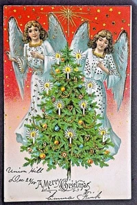 Weihnachtsgruß Postkarte geprägt & vergoldet zwei Engel mit Baum KOSTENLOSER VERSAND - Bild 1 von 2