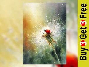 Ladybird Dandelion Dew 5"x7 Print on Matte Paper | Delicate Nature Painting - Picture 1 of 18