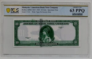 Malaysia/American Bank Note Company 10 Uits Specimen 1929 UNC - Picture 1 of 2