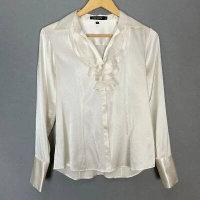 Blusa de seda Paperwhite elástica blanca crema talla 4 cuello con volantes abotonada Foto 1 de 4