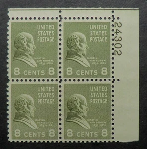 813 MNH 1938 8c Martin Van Buren PB plate block number # 24302 President - Picture 1 of 1