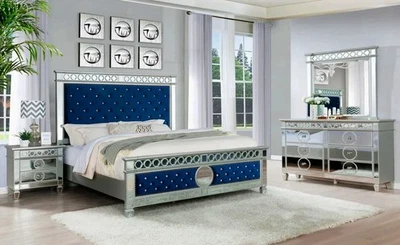 NEW Modern 4PC Blue Velvet Mirrored Queen King Bedroom Set Furniture Bed/D/M/N - Image 1 of 4