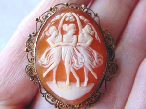 Gorgeous Antique Carved Shell CAMEO Filigree Frame Pin/Pendant, THREE GRACES - Picture 1 of 7