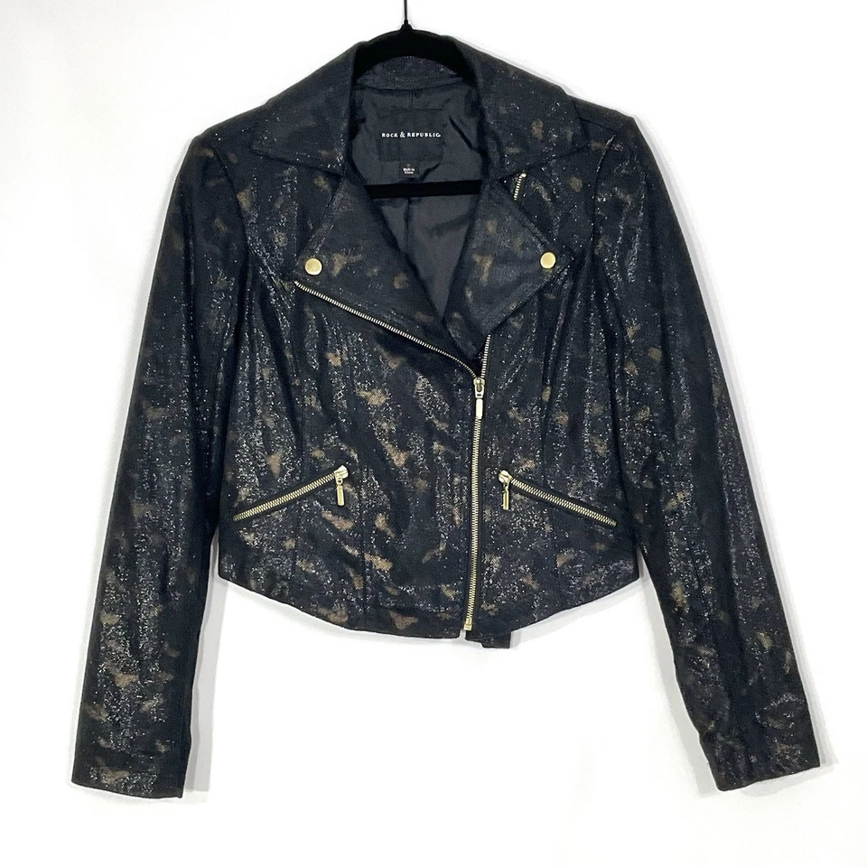 Rock & Republic Women's SMALL Moto Jacket BLACK & GOLD Shimmer Pattern Pockets - Image 1 of 4