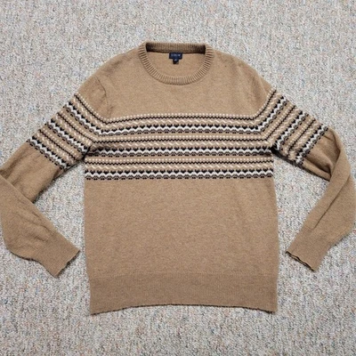 J Crew Sweater Men Medium Brown Fair Isle Pullover Lambswool Blend Hiking Camp - Image 1 of 4