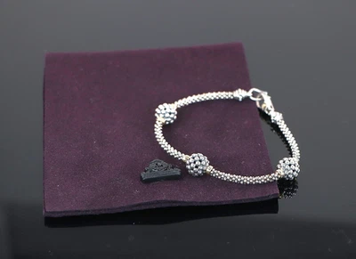 $500 Lagos Caviar 18k Yellow Gold Silver Three Station Beaded 7.5'' Bracelet - Image 1 of 4