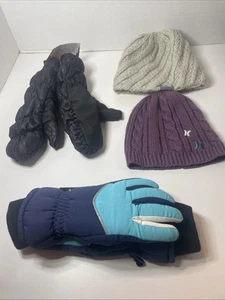 Girls Kids Hat & Gloves Winter Lot Hurley Hat, Gloves & New Mittens Snow Gear - Picture 1 of 8