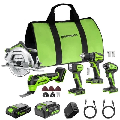 Greenworks 24V 5 Power Tools Combo Kit w/ 4Ah+2Ah Battery and 65W USB-C Charger Foto 1 de 4
