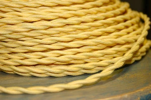Alambre cubierto de tela de algodón retorcido amarillo, cable de lámpara estilo vintage luces antiguas - Imagen 1 de 5