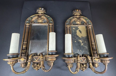Pair 1920s Gilt Wood Carved Fruit Framed Mirrored 2-arm Sconces electric as is Cover