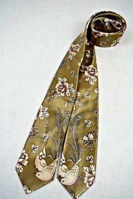 Corbata de Colección Años 60 Love Birds and Flowers Lujosa Corbata Satén Champagne 57" x 3" Foto 1 de 4