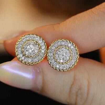 2 克拉圆形切割实验室制造的钻石镶嵌耳钉 14K 镀黄金 — 第 1/4 张图片