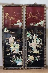 Par de arte de pared oriental vintage colgante decoración asiática marco de madera laca negra mano - Imagen 1 de 8