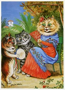 Louis Wain Druck SENORITA SPANISCHE KATZE lustige Katze Illustration Kunst - Bild 1 von 3