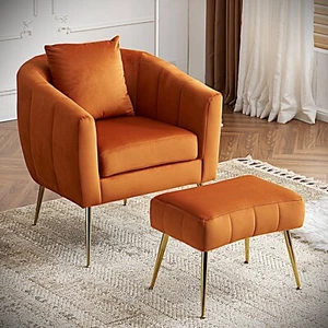Burnt Orange Velvet Mid Century Modern Accent Barrel Chair w/ Ottoman & Pillow - Picture 1 of 10