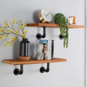 Industrial Pair Shelves with Metal Pipe Brackets Wall Mounted Storage Organiser - Picture 1 of 7