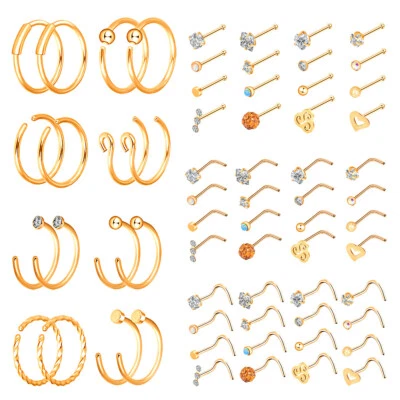 32件装20G黄金手术钢鼻环直L弯鼻骨耳钉套装 — 第 1/4 张图片