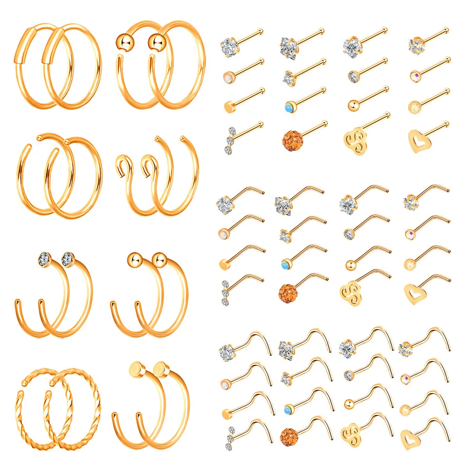 32件装20G黄金手术钢鼻环直L弯鼻骨耳钉套装 — 第 1/4 张图片