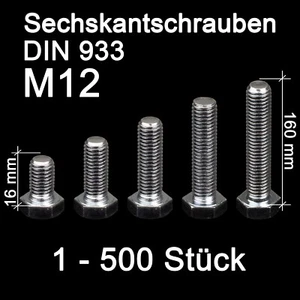 Sechskantschrauben M12 8.8 verzinkt Maschinenschrauben DIN933 Vollgewinde - Foto 1 di 5