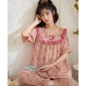 Women's Sweet Flower Princess Cotton Pajamas Summer Short Sleeves+Pants - Picture 1 of 17