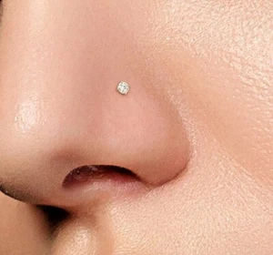 Real 14K YELLOW GOLD 20G 2MM CZ NOSE STUD BONE DIMPLE RING Body PIERCING jewelry - Picture 1 of 5