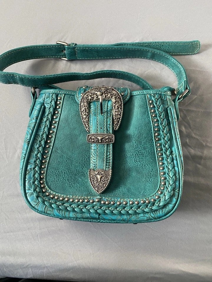 Montana West Studded Bag Western Style Handbag In Teal and Silver - Image 1 of 4