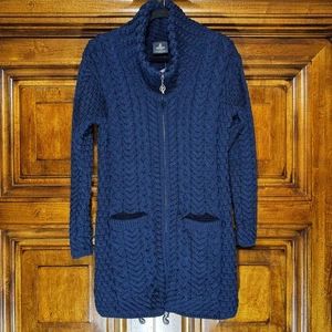 Aran Irish Sweater Cardigan Womens XL Merino Wool Long Full Zip Coatigan NWT - Picture 1 of 14