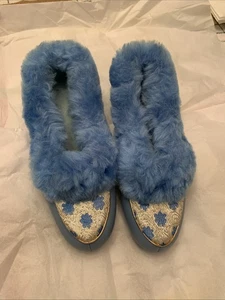 Blau Vintage USA Damen Vinyl mit Goldfaden Design Kunstfell Hausschuhe 5 Neu mit Etikett - Bild 1 von 6